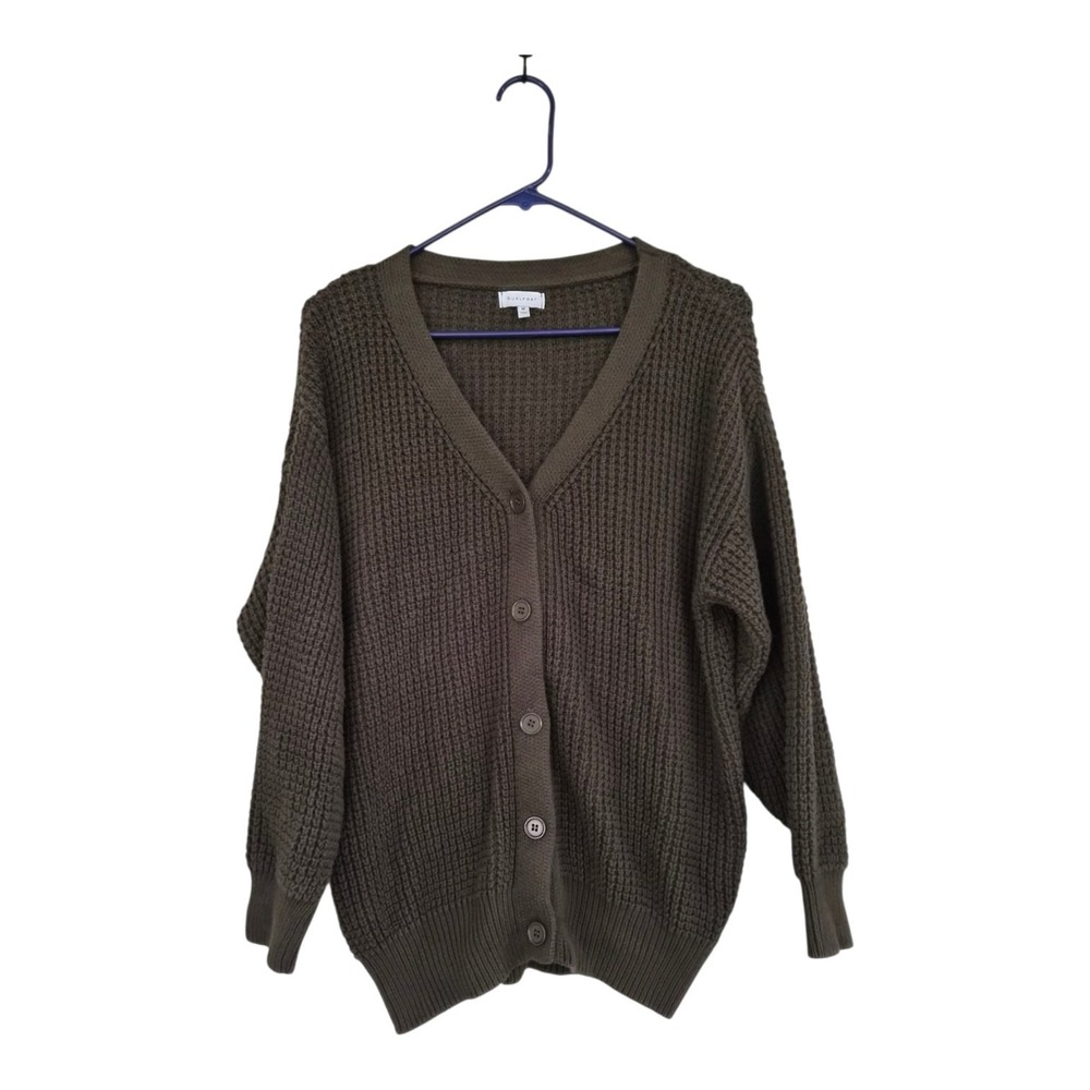 Qualfort 100% Cotton Oversized Cardigan M Olive Green Chunky Waffle Knit